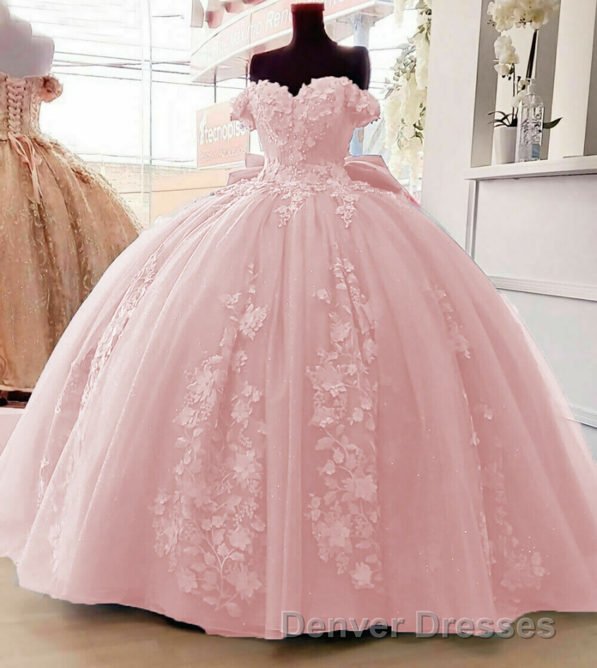 Off Shoulder Ball Gown Quinceanera Dress 3D Floral Applique Sweet 16 Gowns