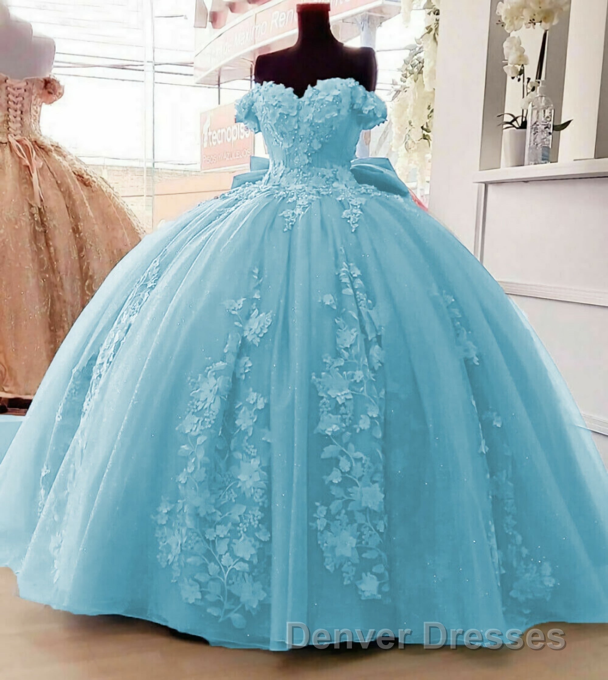 Off Shoulder Ball Gown Quinceanera Dress 3D Floral Applique Sweet 16 Gowns