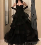 Sweetheart Black Rufflue Long Prom Evening Dress