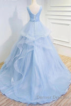 Sweetheart Blue Organza Ballgown V Neck Ruffles Appliques Prom Dress