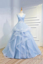 Sweetheart Blue Organza Ballgown V Neck Ruffles Appliques Prom Dress