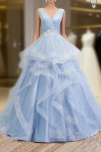 Sweetheart Blue Organza Ballgown V Neck Ruffles Appliques Prom Dress Beautiful