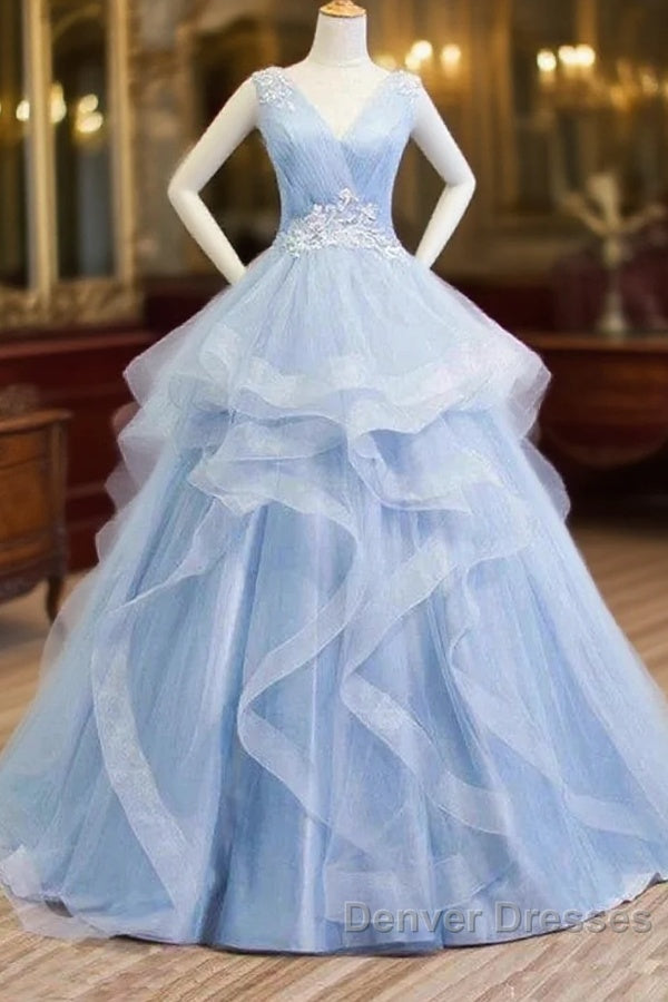 Sweetheart Blue Organza Ballgown V Neck Ruffles Appliques Prom Dress Main image