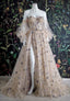 Sweetheart Champagne Tulle Bubble Sleeves Long A Line Prom Dress Beaded Evening Dress