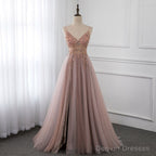 Sweetheart Crystal Prom Dresses Straps Spaghetti Tulle Evening Gown Split Side