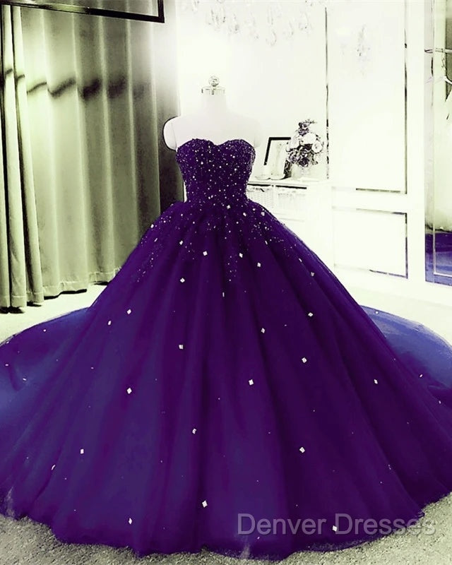Sweetheart Crystals Prom Dress Ball Gown Beaded Purple Quinceanera Dress