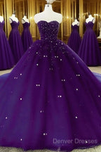 Sweetheart Crystals Prom Dress Ball Gown Beaded Purple Quinceanera Dress