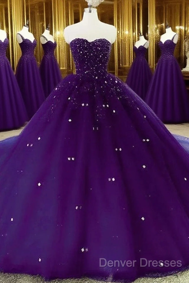 Sweetheart Crystals Prom Dress Ball Gown Beaded Purple Quinceanera Dress