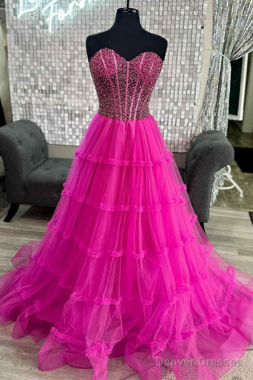 Sweetheart Fuchsia Beaded Ruffles Tulle Prom Dress Main image