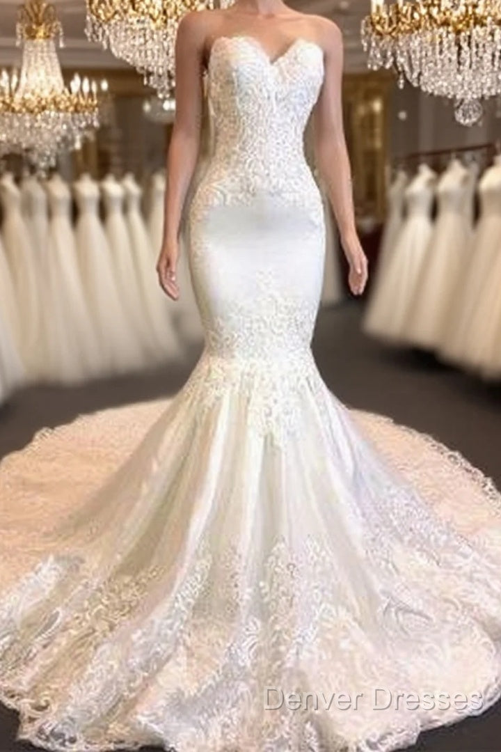 Sweetheart Lace Mermaid Wedding Dress | Strapless Fit And Flare Bridal Gowns Prom Dress