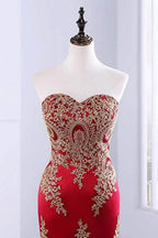 Sweetheart Mermaid Red Prom Dress Gold Appliqued Long Evening Dress