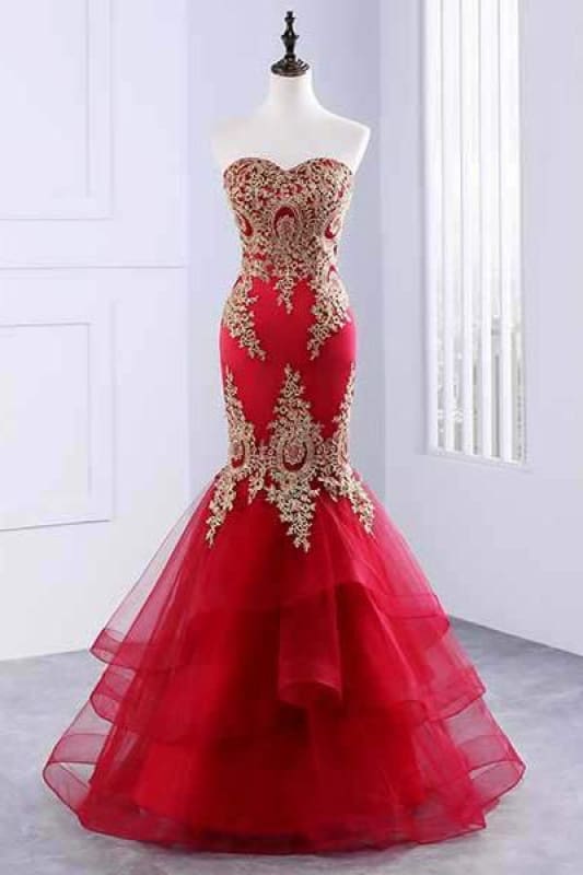 Sweetheart Mermaid Red Prom Dress Gold Appliqued Long Evening Dress Main image
