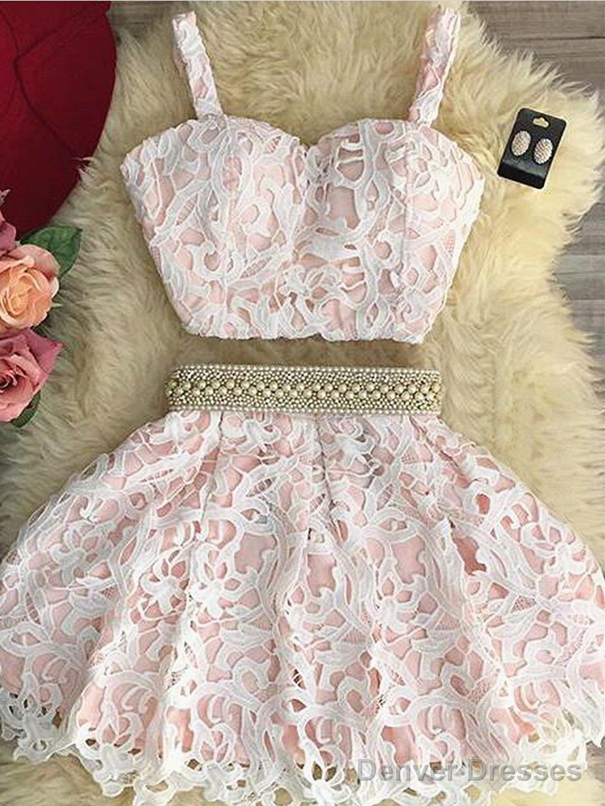 Sweetheart Neck 2 Pieces Short Pink Lace Prom Dresses, 2 Pieces Short Pink Lace Graduation Homecoming Dresses