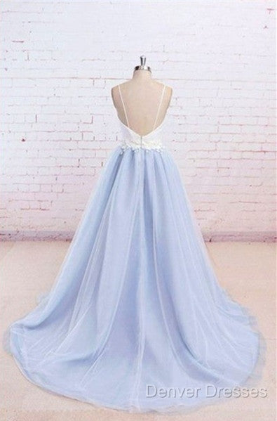 Sweetheart Neck Backless Blue And White Sweep Train Lace Prom Dress, Formal Dress Secondary image