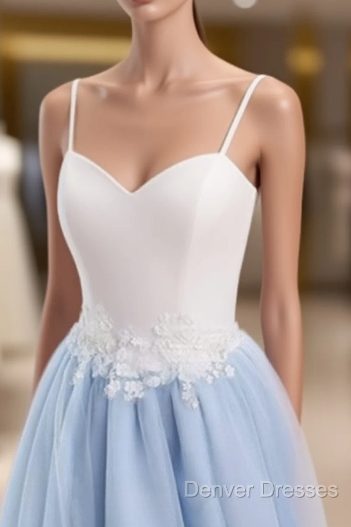 Sweetheart Neck Backless Blue And White Sweep Train Lace Prom Dress, Formal Dress Main image