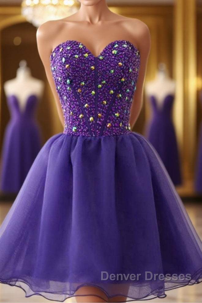Sweetheart Neck Beaded Dark Purple Short Prom Dress, Strapless Dark Purple Homecoming Dress, Dark Purple Beaded Formal Evening Dress Main image