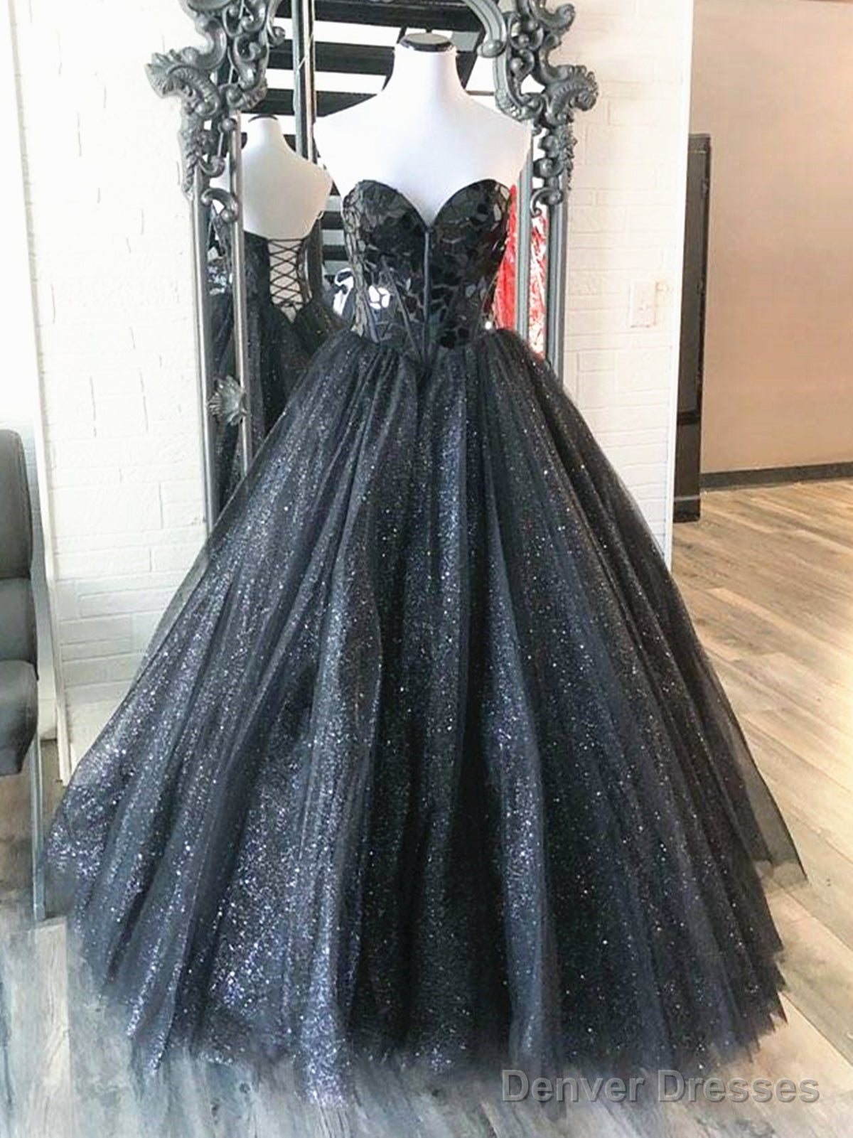 Sweetheart Neck Black Blue Long Beaded Prom Dresses, Black Blue Long Formal Evening Dresses Main image