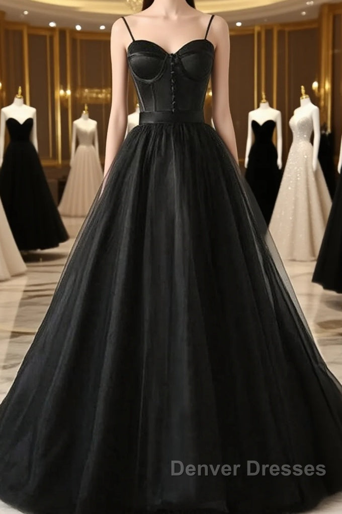 Sweetheart Neck Black Tulle Long Prom Dress, Thin Straps Black Formal Evening Dress, Black Ball Gown Main image