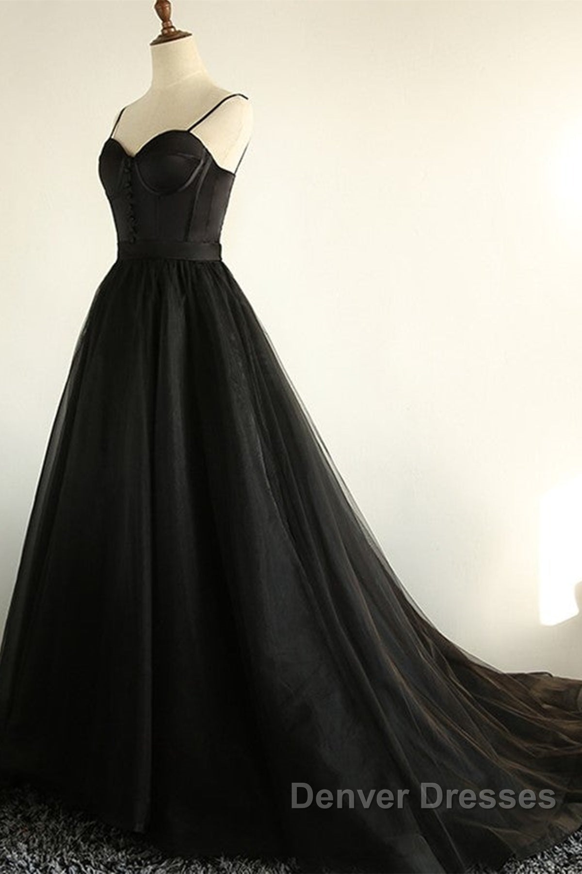 Sweetheart Neck Black Tulle Long Prom Dress, Thin Straps Black Formal Evening Dress, Black Ball Gown