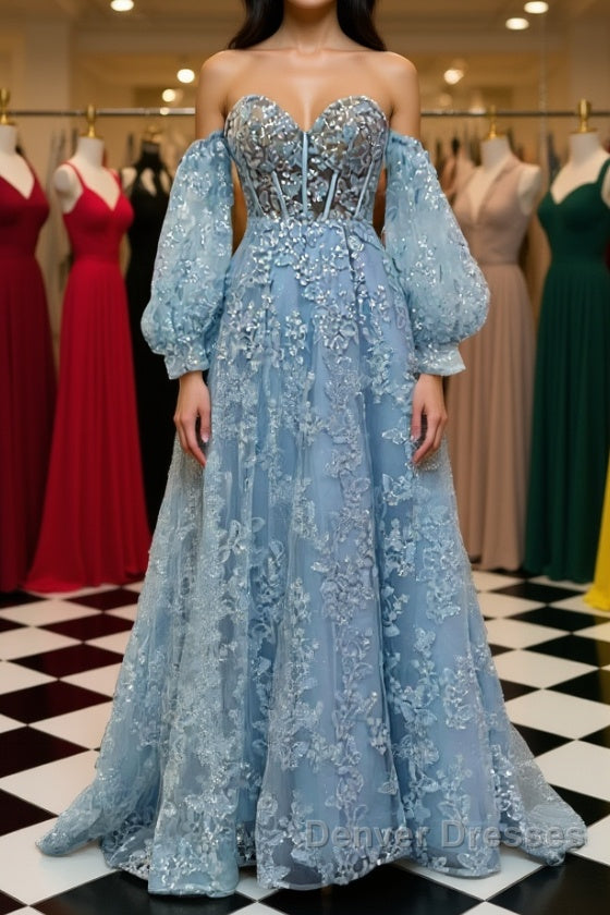 Sweetheart Neck Blue Lace Appliques Long Prom Dress with Long Sleeves, Blue Lace Floral Formal Graduation Evening Dress Main image