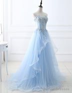 Sweetheart Neck Blue Lace Prom Dresses, Light Blue Lace Formal Evening Dresses