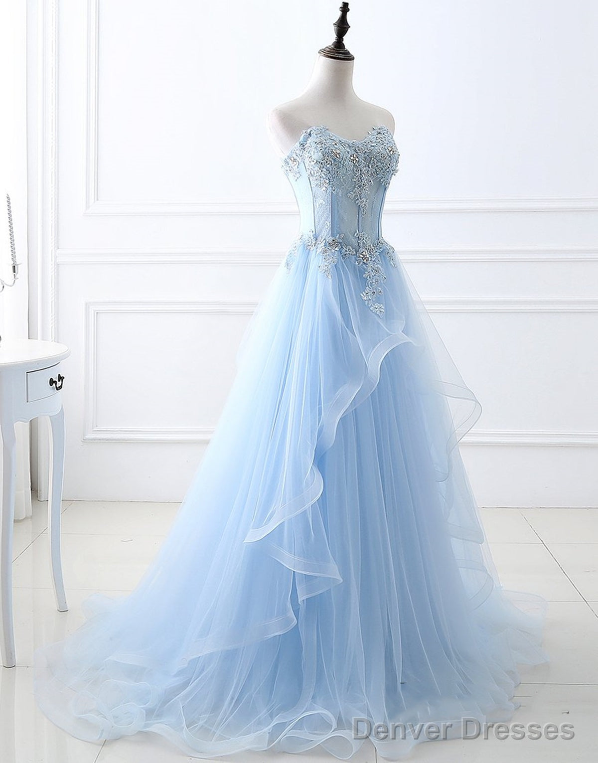 Sweetheart Neck Blue Lace Prom Dresses, Light Blue Lace Formal Evening Dresses