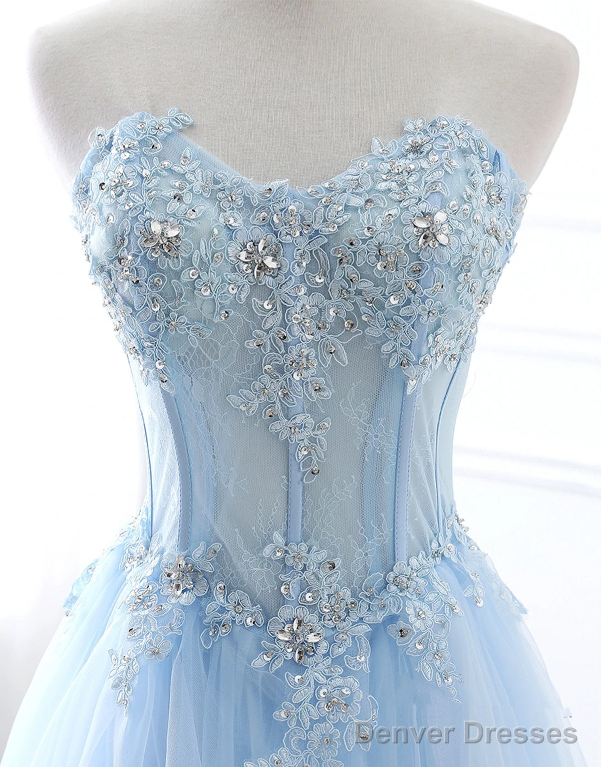 Sweetheart Neck Blue Lace Prom Dresses, Light Blue Lace Formal Evening Dresses