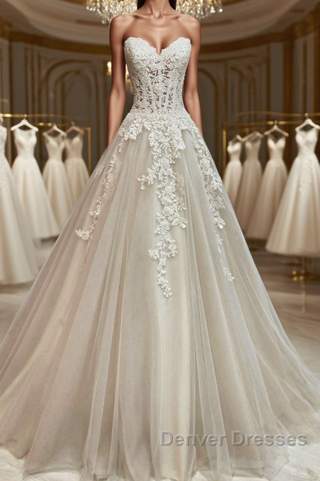 Sweetheart Neck Champagne Tulle Lace Long Prom Dress, Strapless Champagne Formal Dress, Champagne Lace Evening Dress