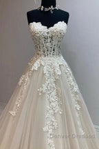 Sweetheart Neck Champagne Tulle Lace Long Prom Dress, Strapless Champagne Formal Dress, Champagne Lace Evening Dress