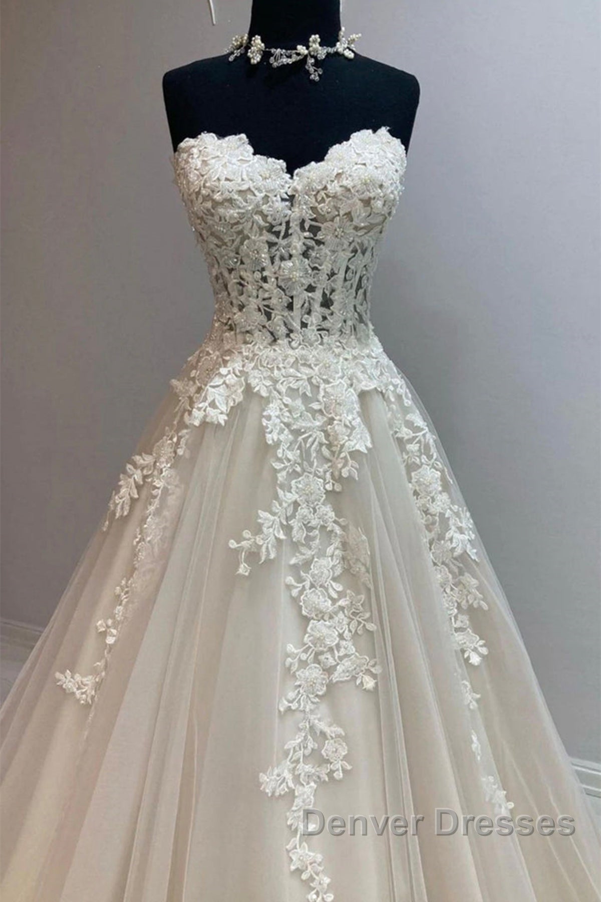 Sweetheart Neck Champagne Tulle Lace Long Prom Dress, Strapless Champagne Formal Dress, Champagne Lace Evening Dress