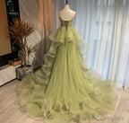 Sweetheart Neck High Low Green Long Prom Dresses, Green High Low Formal Graduation Dresses