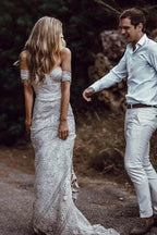 Sweetheart Neck Lace Beach Ivory Rustic Boho Wedding Dress