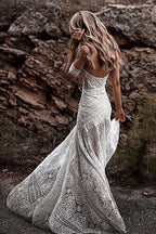 Sweetheart Neck Lace Beach Ivory Rustic Boho Wedding Dress