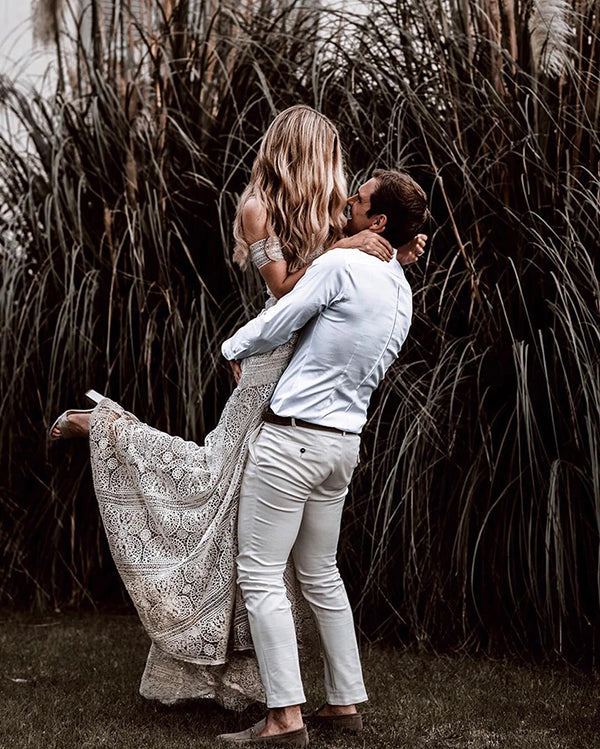 Sweetheart Neck Lace Beach Ivory Rustic Boho Wedding Dress