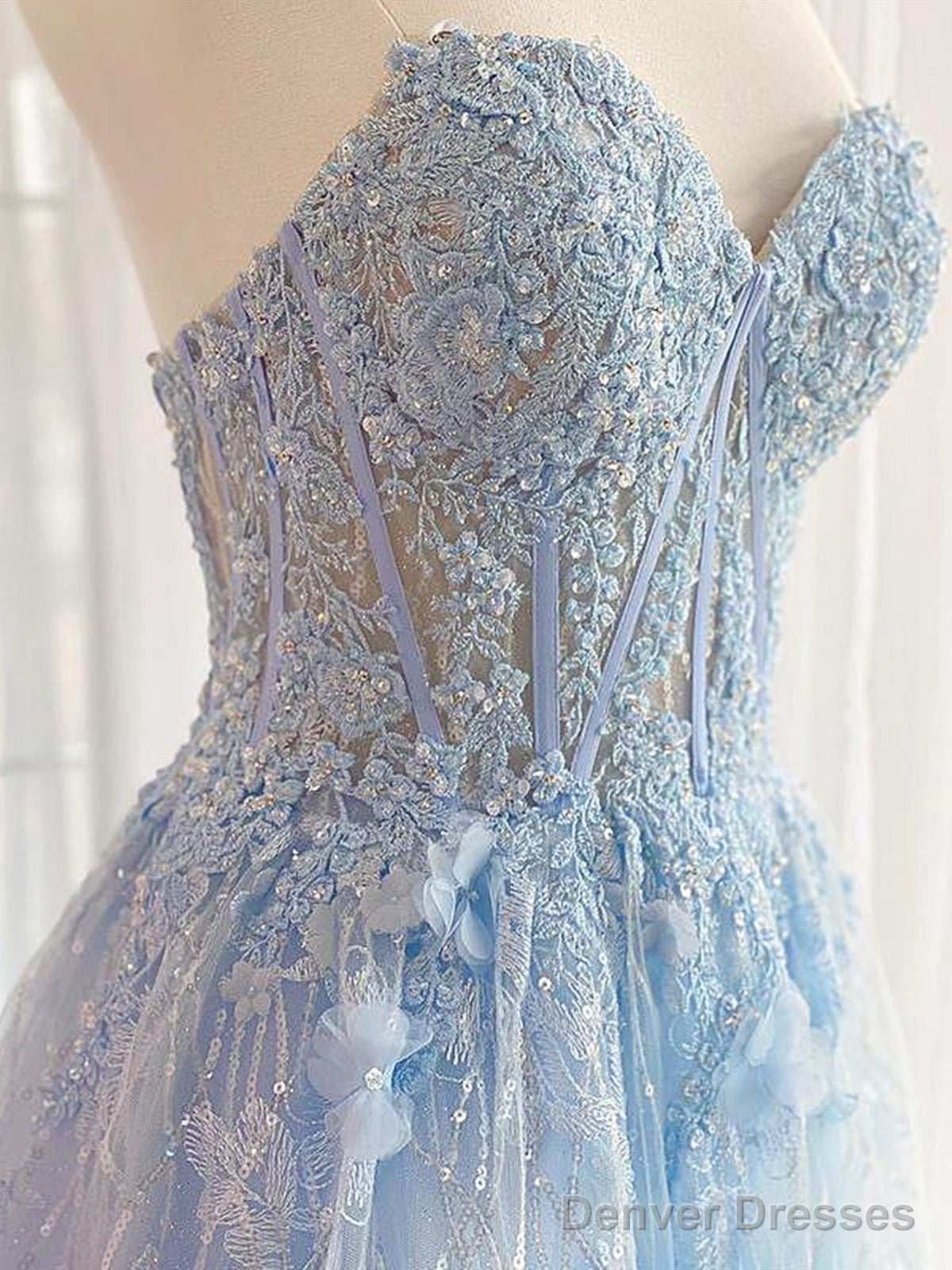 Sweetheart Neck Light Blue Lace Prom Dresses, Light Blue Lace Formal Evening Dresses Secondary image
