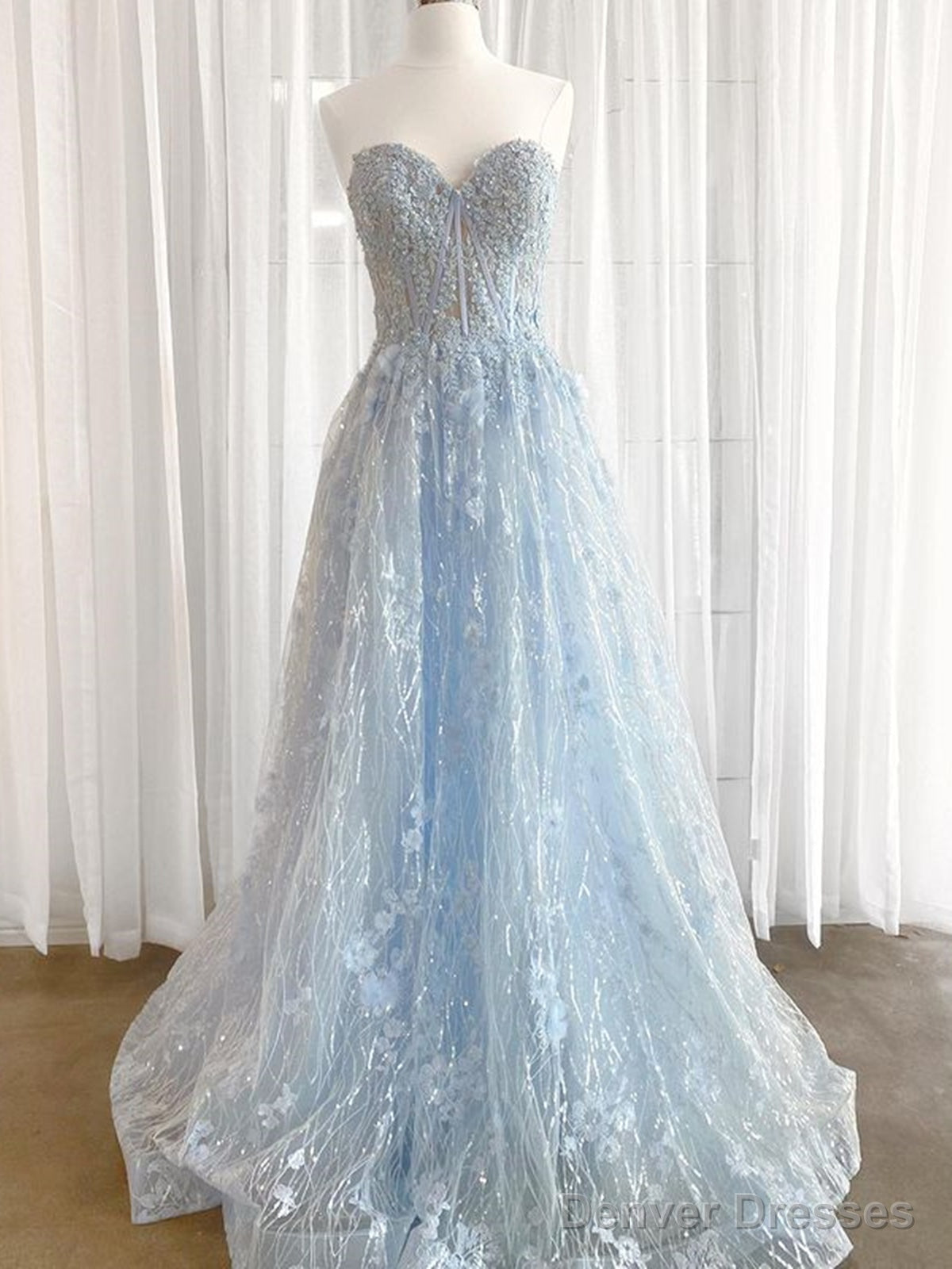 Sweetheart Neck Light Blue Lace Prom Dresses, Light Blue Lace Formal Evening Dresses Main image