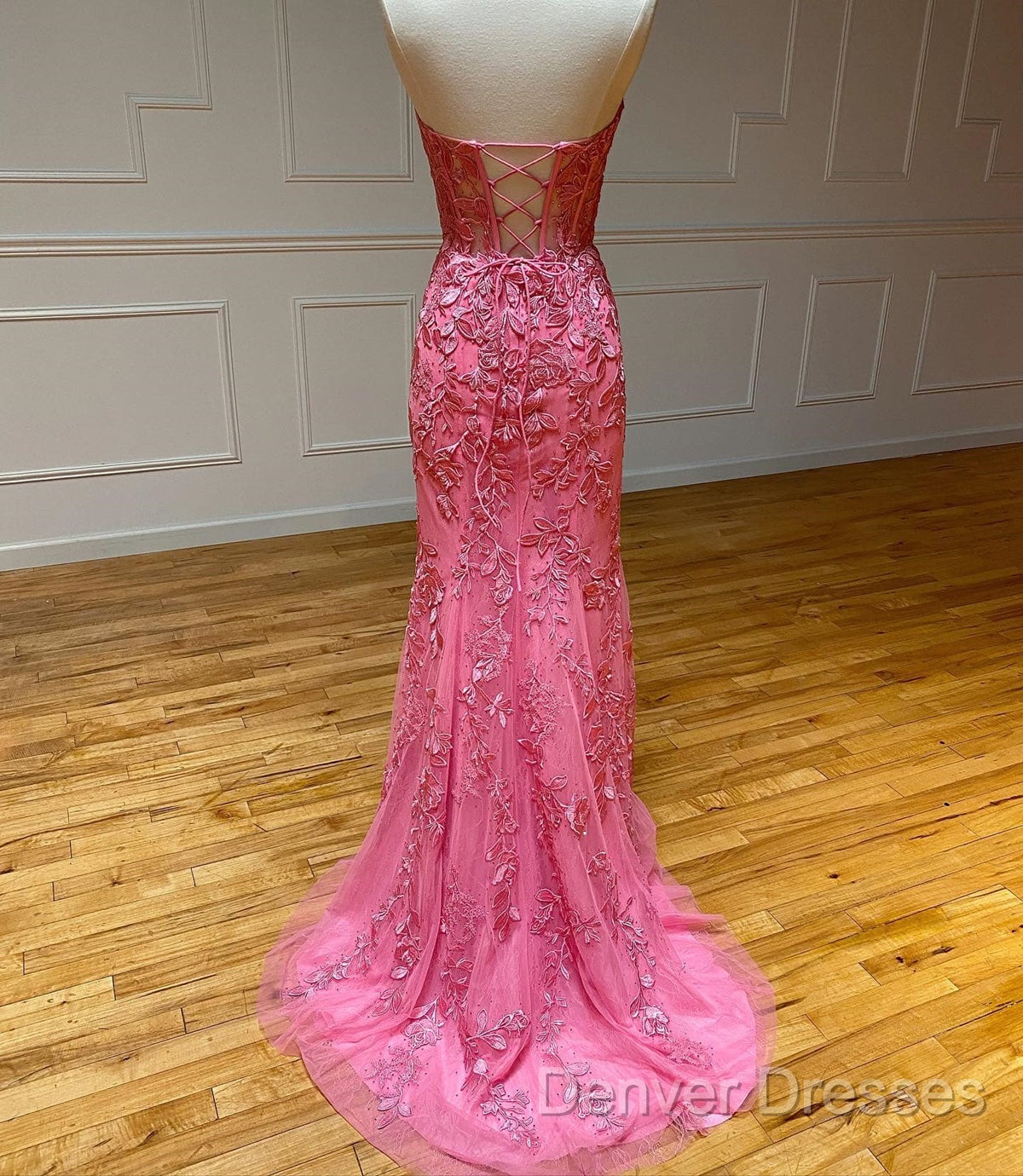 Sweetheart Neck Pink Mermaid Lace Prom Dress, Pink Mermaid Lace Formal Graduation Dress Secondary image
