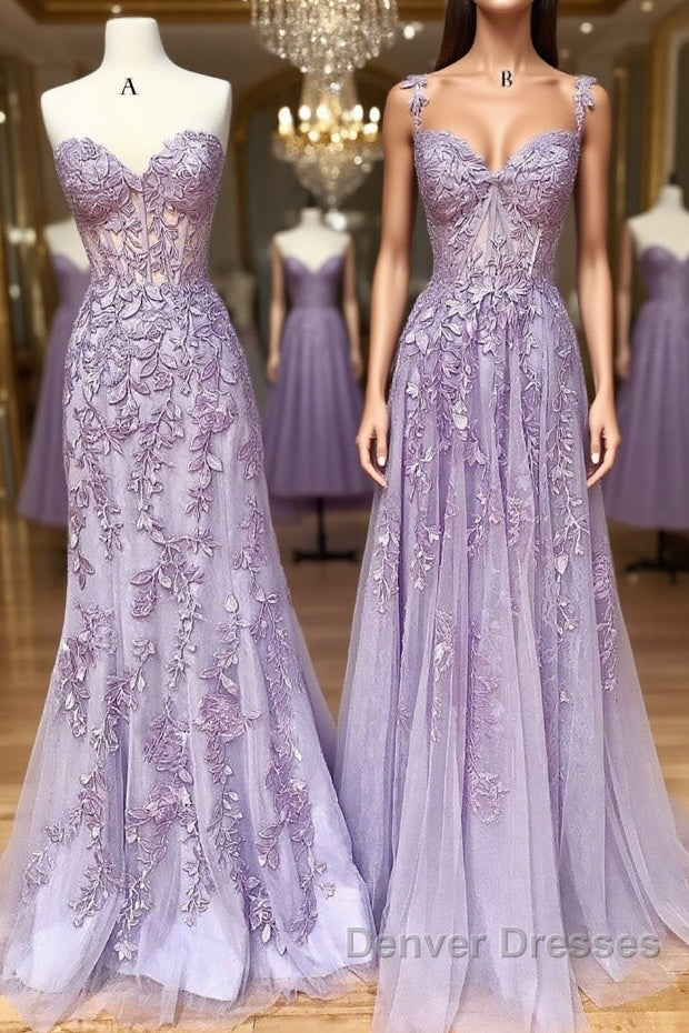 Sweetheart Neck Purple Lace Long Prom Dress, Strapless Purple Formal Dress, Mermaid Purple Evening Dress