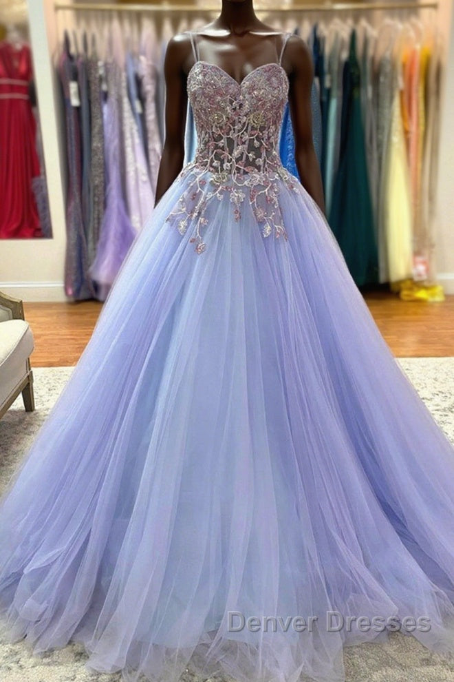 Sweetheart Neck Purple Tulle Long Prom Dress with Lace Appliques, Purple Lace Formal Graduation Evening Dress Main image