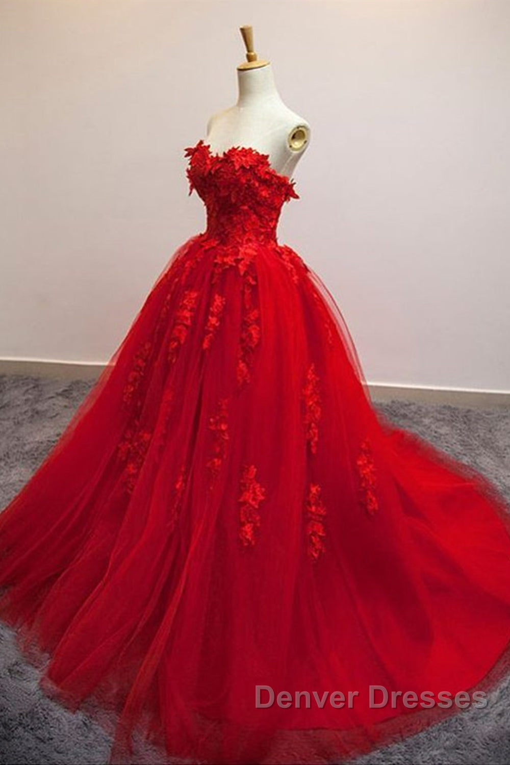 Sweetheart Neck Red Lace Floral Long Prom Dress, Red Lace Formal Evening Dress, Red Ball Gown