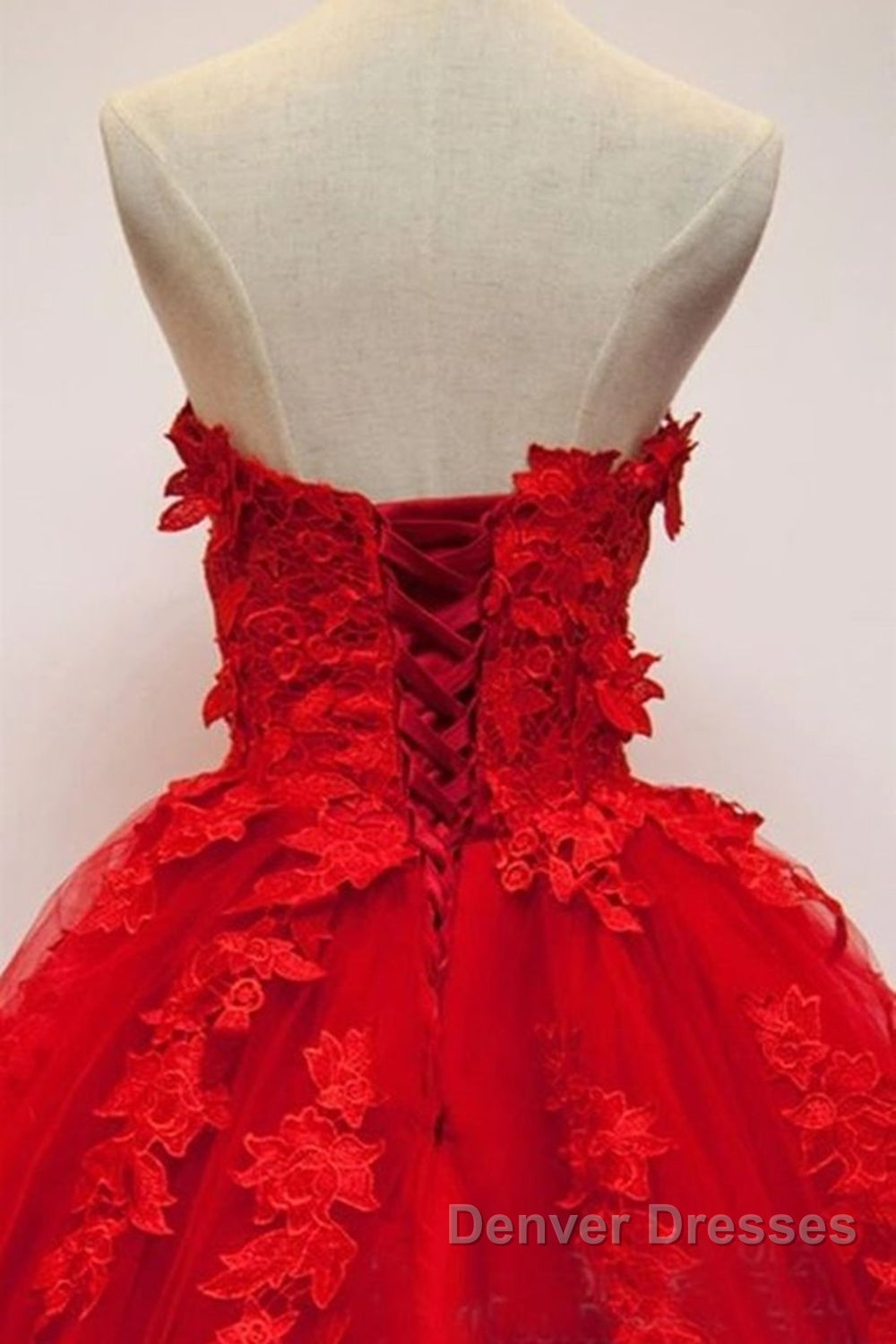 Sweetheart Neck Red Lace Floral Long Prom Dress, Red Lace Formal Evening Dress, Red Ball Gown