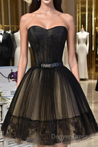 Sweetheart Neck Short Black Lace Prom Dress, Short Black Lace Graduation Homecoming Dress
