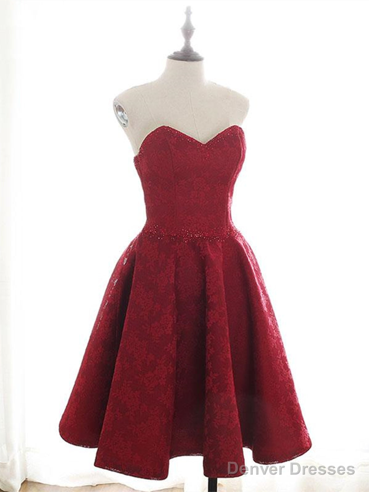 Sweetheart Neck Short Burgundy Lace Prom Dresses, Short Wine Red Lace Formal Evening Dresses Secondary image