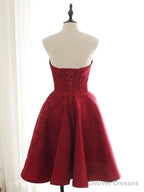 Sweetheart Neck Short Burgundy Lace Prom Dresses, Short Wine Red Lace Formal Evening Dresses