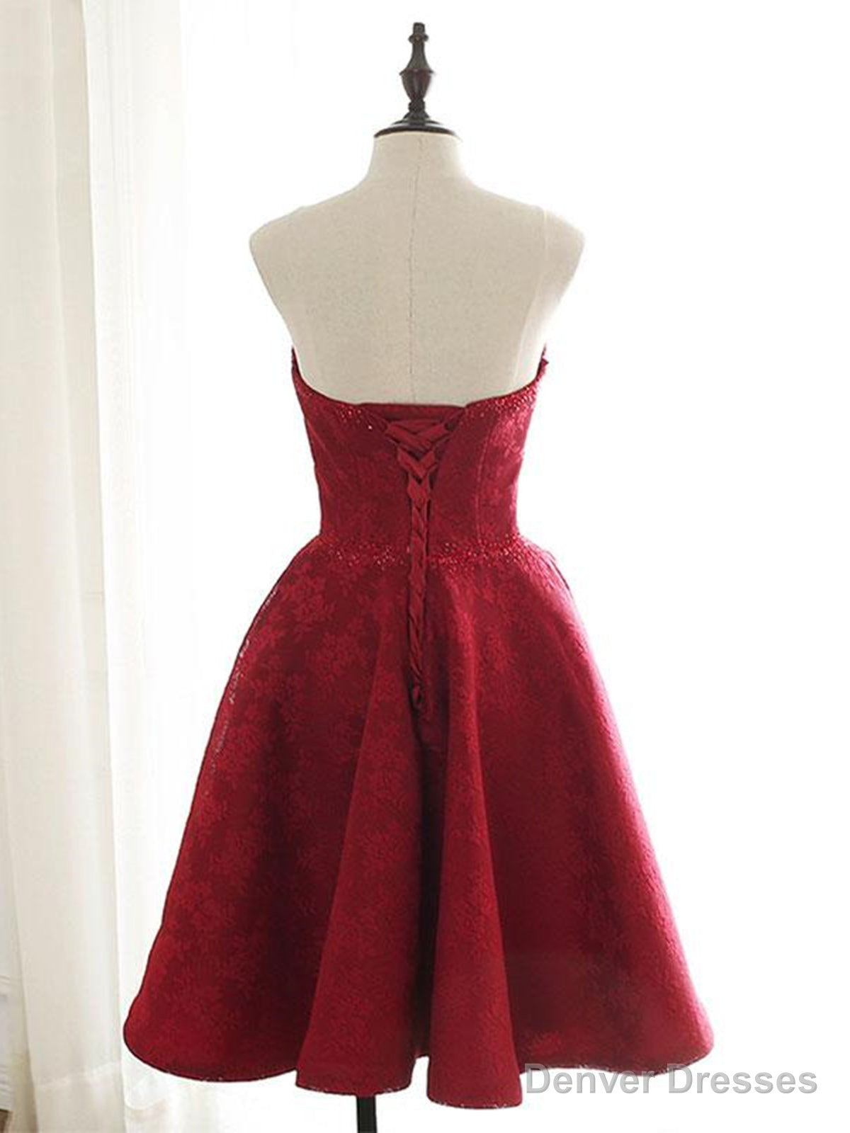 Sweetheart Neck Short Burgundy Lace Prom Dresses, Short Wine Red Lace Formal Evening Dresses