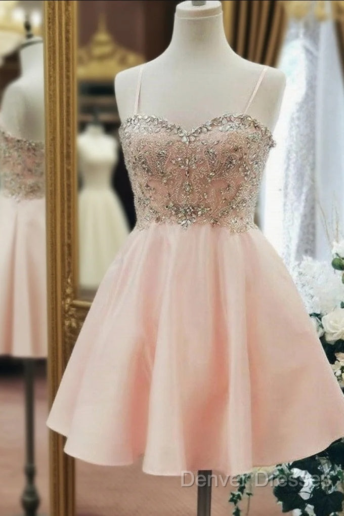 Sweetheart Neck Short Pink Prom Dress, Short Pink Beaded Homecoming Graduation Dress