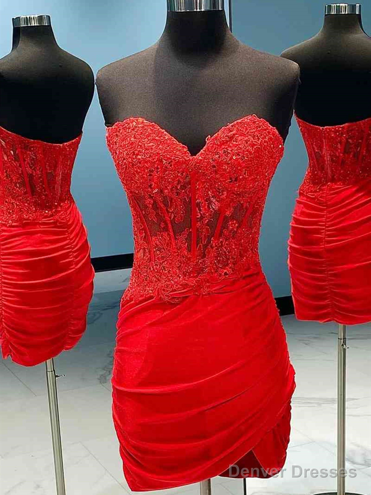 Sweetheart Neck Short Red Lace Prom Dresses, Short Red Lace Formal Homecoming Dresses Main image