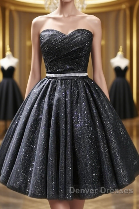 Sweetheart Neck Strapless Black Short Prom Dress, Open Back Black Homecoming Dress, Black Formal Evening Dress Main image