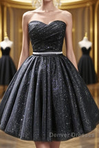 Sweetheart Neck Strapless Black Short Prom Dress, Open Back Black Homecoming Dress, Black Formal Evening Dress