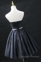 Sweetheart Neck Strapless Black Short Prom Dress, Open Back Black Homecoming Dress, Black Formal Evening Dress